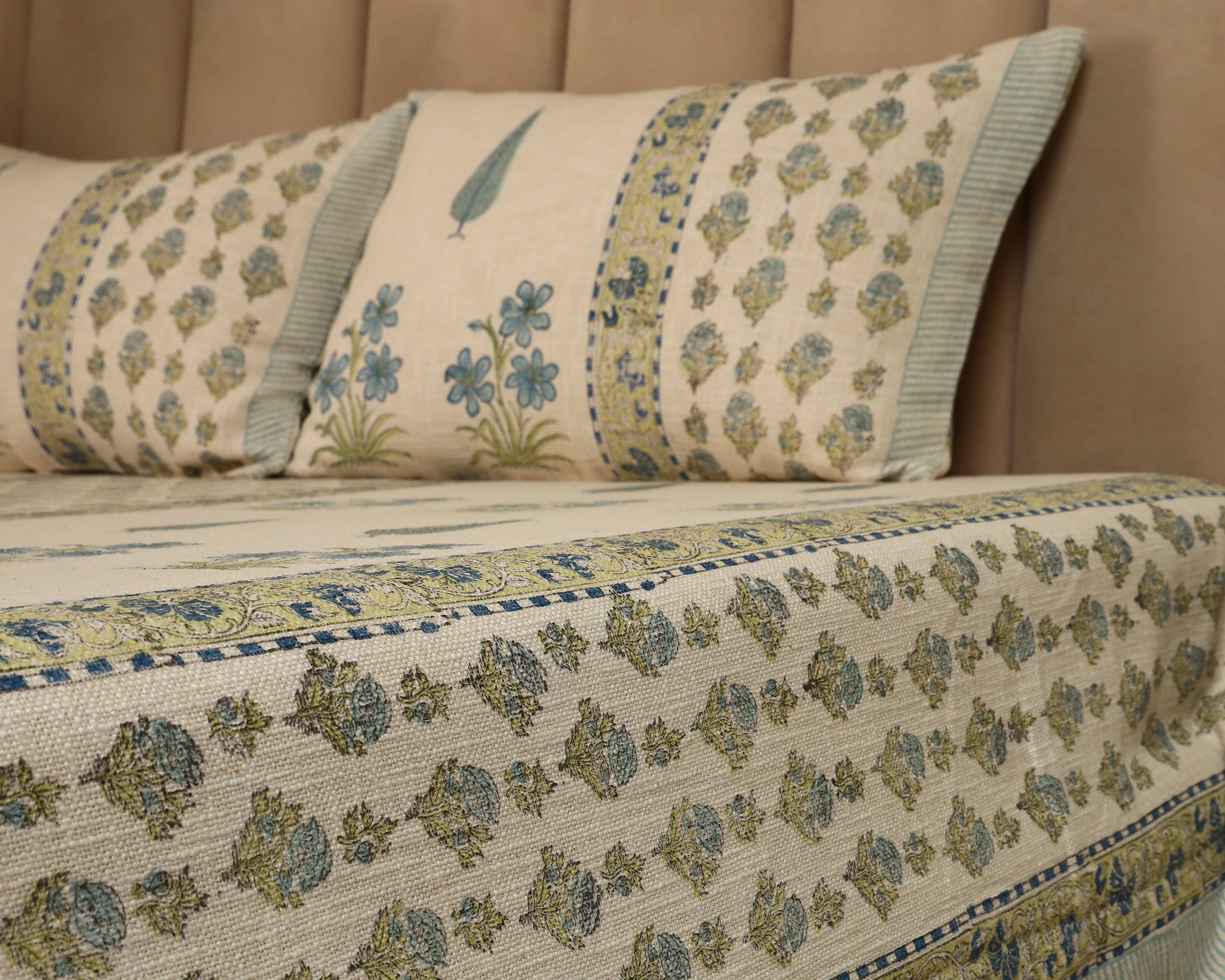 Blue Meadow Hand Block Jute Bedcover